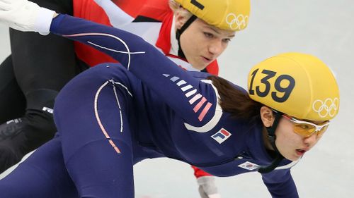 South Korea's short track speed skater Shim Suk-hee competes in a female 500-meter preliminary at the 2014 Winter Olympics in Sochi, Russia. (AAP)