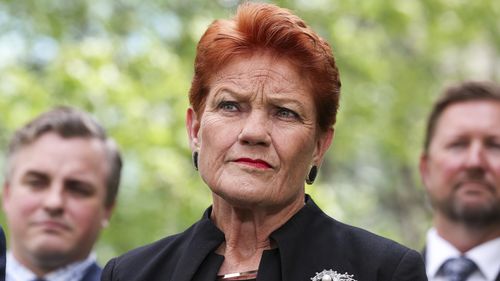 One Nation lideri Senatör Pauline Hanson, Canberra'daki Parlamento Binası'nda basın toplantısı düzenliyor.