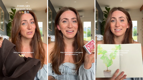 A three-way photo of a young woman showing her analogue bag and its contents.