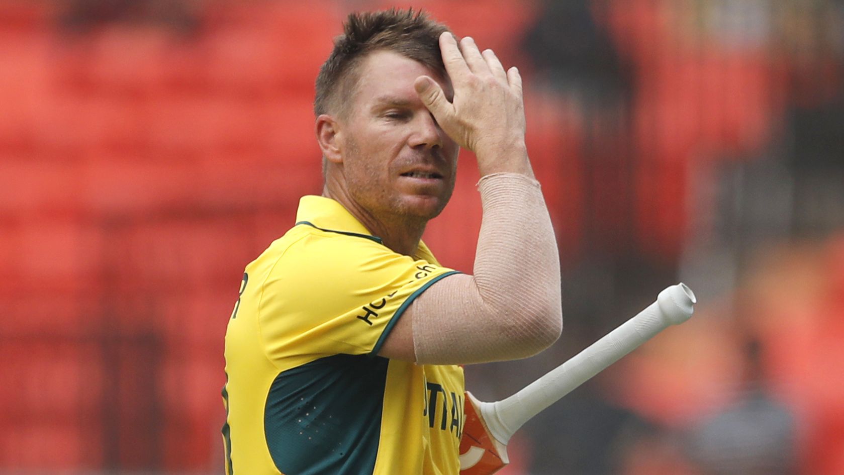 HYDERABAD, INDIA - OCTOBER 3: David Warner of Australia makes their way off after being dismissed during the ICC Men&#x27;s Cricket World Cup India 2023 warm up match between Pakistan and Australia at Rajiv Gandhi International Stadium on October 3, 2023 in Hyderabad, India. (Photo by Pankaj Nangia/Getty Images)