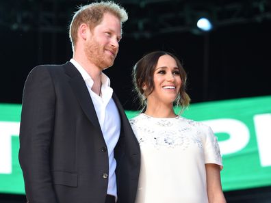 Prince Harry, Duke of Sussex and Meghan, Duchess of Sussex speak onstage during Global Citizen Live, New York on September 25, 2021 in New York City. (Photo by Kevin Mazur/Getty Images for Global Citizen )