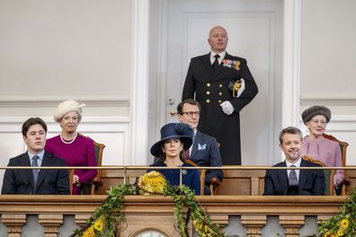 From front row left, Denmark's Crown Prince Christian, King Frederik X and Queen Mary, back row from left,  Princess Benedikte, Prince Joachim and Queen Margrethe attend Folketingsalen, the Danish Parliament, at Christiansborg Castle, in Copenhagen, Monday, Jan. 15 2024. Denmarks new King Frederik X has visited the Danish parliament on his first formal day on the job. His mother, Queen Margrethe, abdicated on Sunday after 52 years on the throne, the first Danish monarch to do so in nearly 900 ye