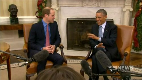 Prince William discusses the birth of his son, George, with US President Barack Obama. (9NEWS)