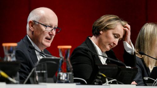 Qantas Chair Richard Goyder and CEO Vanessa Hudson at Qantas' 2023 annual general meeting on November 3.