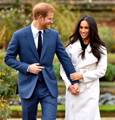 Prince Harry and Meghan Markle engagement announcement photocall in Kensington Palace gardens November 2017. Also shot used for step down announcement