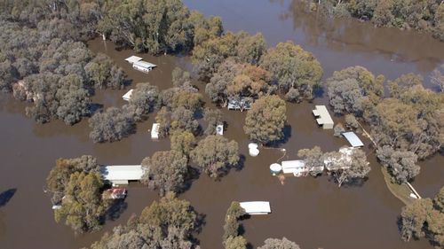 Les eaux de crue de la rivière Murray à Moama.