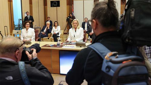 Christine Holgate takes her seat at the start of a hearing on Australia Post at Parliament House.