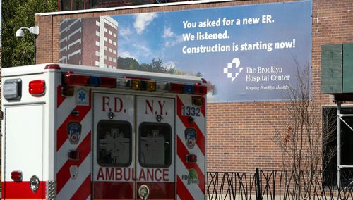 NEW YORK, USA - SEPTEMBER 28: An ambulance is seen by the Brooklyn Hospital Center in Brooklyn of New York City, United States on September 28, 2020. New York, which contained the nationâs worst Covid-19 outbreak, reported more than 1,000 new cases for the first time since early June. New U.S. cases crept above the pace of recent days. (Photo by Tayfun Coskun/Anadolu Agency via Getty Images)