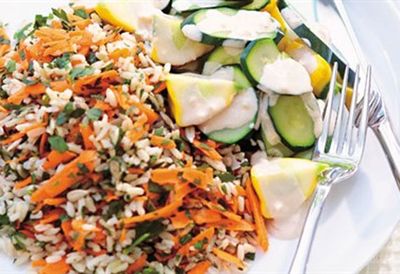 Brown rice with vegetables and tahini dressing