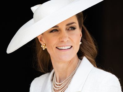 WINDSOR, ENGLAND - JUNE 16: Catherine, Princess of Wales attends the Order of the Garter service at St. George's Chapel, Windsor Castle on June 16, 2025 in Windsor, England. (Photo by Max Mumby - Pool via Samir Hussein/WireImage)