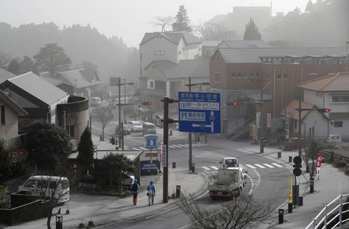 A photo taken in Kirishima shows volcanic ash blanketing a hot spring resort area. (AP)