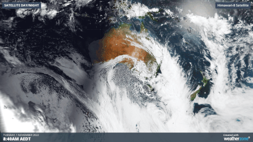 The sequence of satellite images below shows a huge mass of speckled cloud moving up from the Southern Ocean towards Australia.