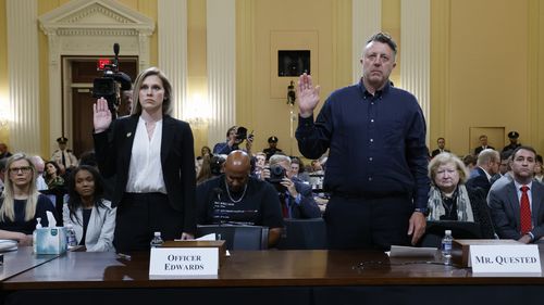 US Capitol Police officer Caroline Edwards, left, and British filmmaker Nick Quested, are sworn in as the House select committee investigating the January 6 attack on the US Capitol holds its first public hearing to reveal the findings of a year-long investigation.