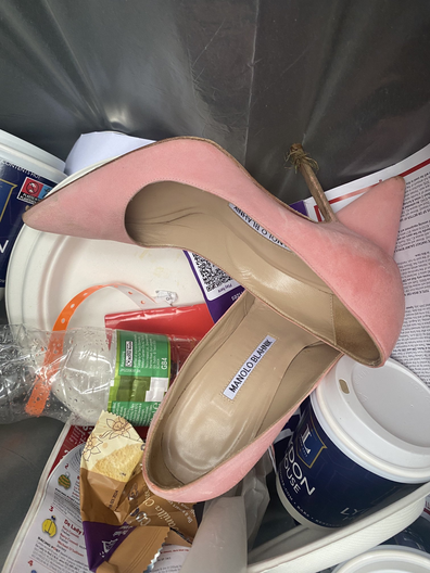 Pair of Manolo Blahnik shoes found in rubbish bin.