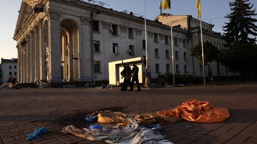 A bloody scene after an attack in the city's center killed 7, injuring 129 people in Chernihiv, Ukraine on August 19, 2023. The late morning missile attack was aimed at the Chernihiv Regional Academic Ukrainian Music and Drama Theater damaging many buildings surrounding it. The theatre was hosting a gathering of drone manufacturers.  