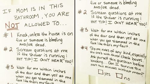 Mum begs for peace in hilarious bathroom privacy note to kids