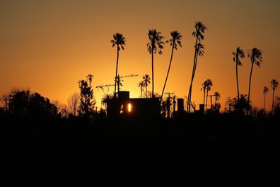 The Sun rises over homes destroyed by the Palisades Fire in the Pacific Palisades neighborhood of Los Angeles, Thursday, Jan. 16, 2025. (AP Photo/Damian Dovarganes)