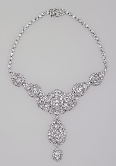 Queen Elizabeth's Nizam of Hyderabad necklace goes on display as part of the special display Platinum Jubilee: The Queen's Accession