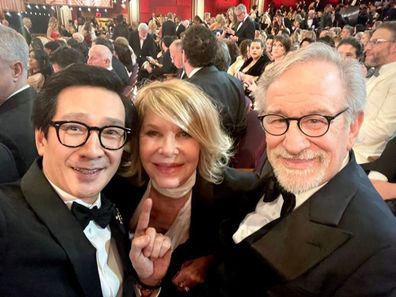 Ke Huy Quan took a selfie at the Oscars with his former Indiana Jones co-star Kate Capshaw and her husband, their director Steven Spielberg.