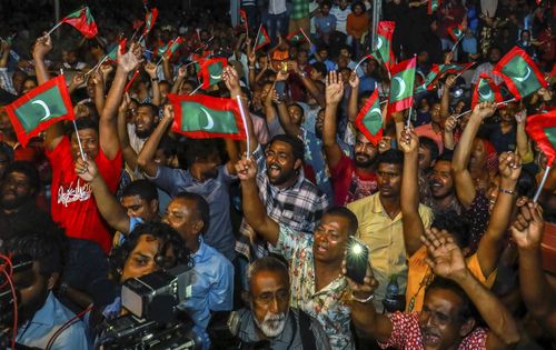 Maldivian opposition protestors shout slogans demanding the release of political prisoners. Picture: AAP