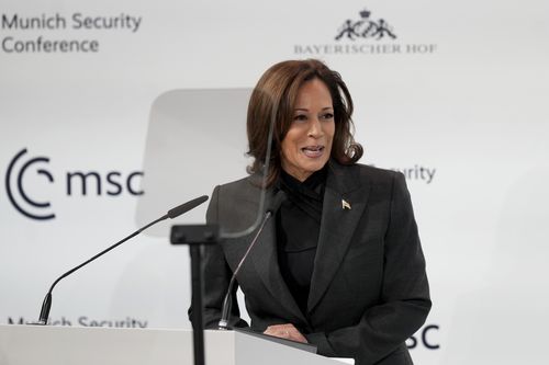 Vice President of the United States Kamala Harris speaks at the Munich Security Conference in Munich, Saturday, Feb. 18, 2023. 