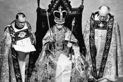 In 1953, the Coronation of Queen Elizabeth II took place at Westminster Abbey. Her Majesty is pictured during the Crowning Ceremony, seated on the Coronation Chair, wearing the St. Edward Crown and carrying the Sovereign's Sceptre and Rod.