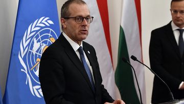 Hungarian Minister of Foreign Affairs and Trade Peter Szijjarto, right, and Hans Kluge, Regional Director for Europe at the World Health Organisation (WHO) hold a press conference at the Ministry of Foreign Affairs and Trade in Budapest, Hungary, Wednesday, April 21, 2021.