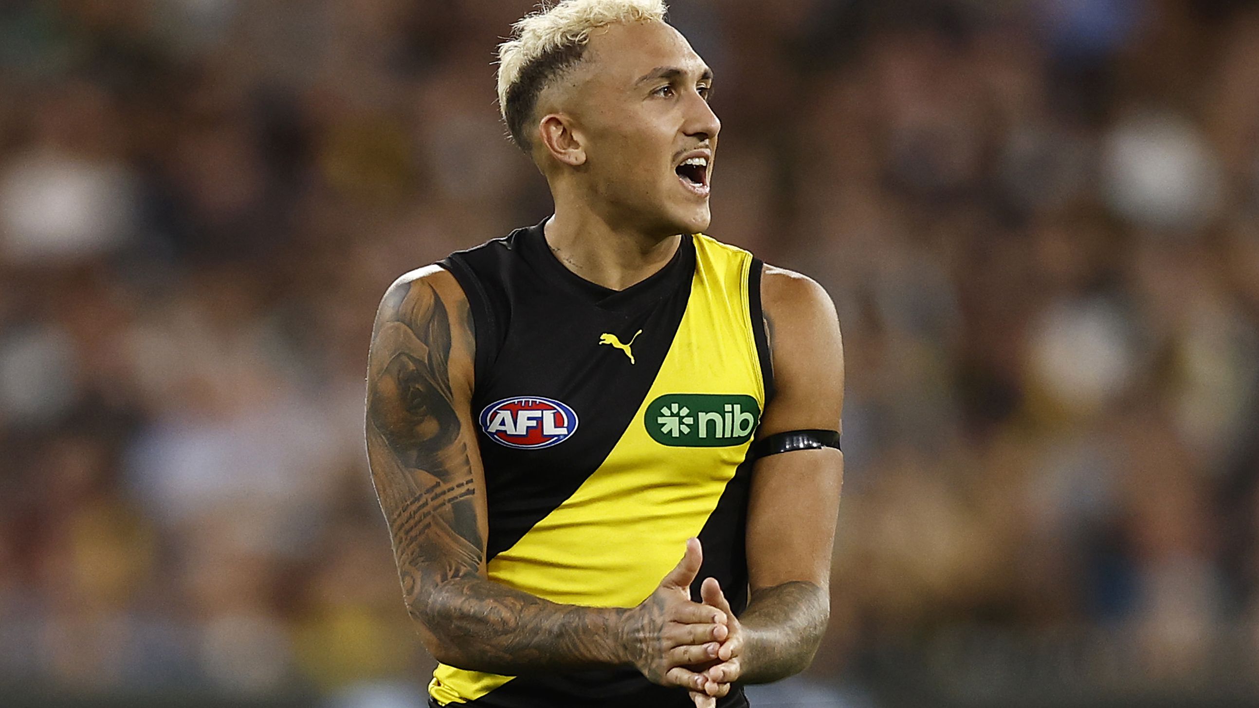 MELBOURNE, AUSTRALIA - MARCH 16: Shai Bolton of the Tigers reacts during the round one AFL match between Richmond Tigers and Carlton Blues at Melbourne Cricket Ground, on March 16, 2023, in Melbourne, Australia. (Photo by Daniel Pockett/Getty Images)