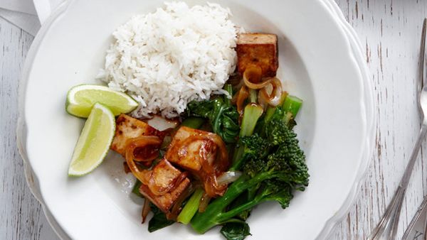 Tofu with stir-fried Asian greens