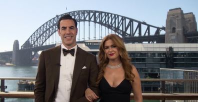 Isla Fisher and husband Sacha Baron Cohen crossed live to the Oscars from Sydney on April 26, 2021.