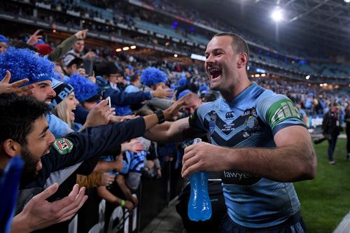 Captain courageous Boyd Cordner celebrates with the bluenoses. Picture: AAP