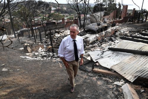 Opposition Leader Bill Shorten surveying the fire-ravaged town of Tathra on the NSW south coast today. He claims the proposed tax reforms will primarily affect the wealthy. (AAP)