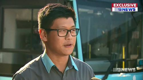 Sydney bus driver Ray Zhou, 22, said he put into action the 'best course of action' yesterday when a man turned violent. Picture: 9NEWS.