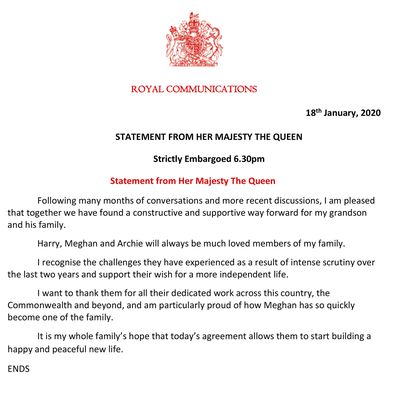 This handout issued by Buckingham Palace on Saturday, Jan. 18, 2020 shows a statement from Britain's Queen Elizabeth. Buckingham Palace says Prince Harry and his wife, Meghan, will no longer use the titles "royal highness" or receive public funds after a deal was struck for them to step aside as senior royals. The palace says the couple will repay some 2.4 million pounds ($3.1 million) of taxpayers' money that was spent renovating their home near Windsor Castle. (Buckingham Palace via AP)