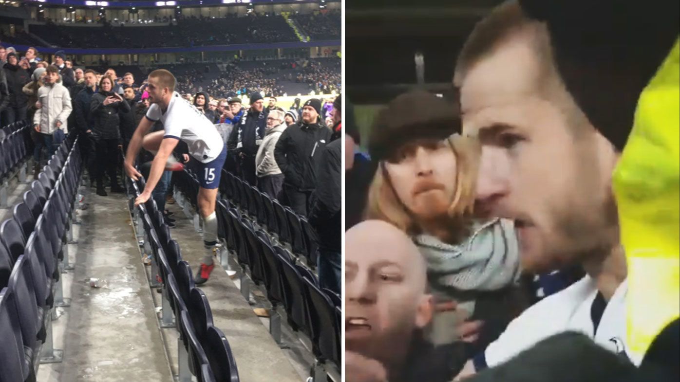 Eric Dier storms into the stands to confront a crowd member. (Twitter)