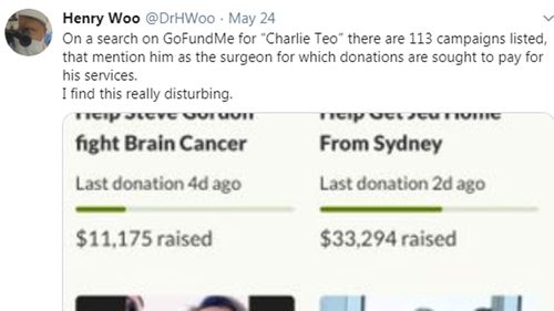 In May this year, Dr Henry Woo, professor of surgery at Sydney University took issue with Dr Teo charging for surgery.