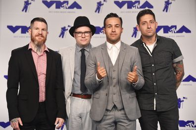 Andy Hurley, Patrick Stump, Pete Wentz and Joe Trohman of Fall Out Boy attend the 2017 MTV Video Music Awards at The Forum on August 27, 2017 in Inglewood, California.