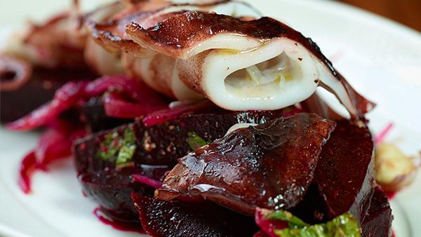 MoVida's calamari cooked in olive oil with a spiced beetroot salad