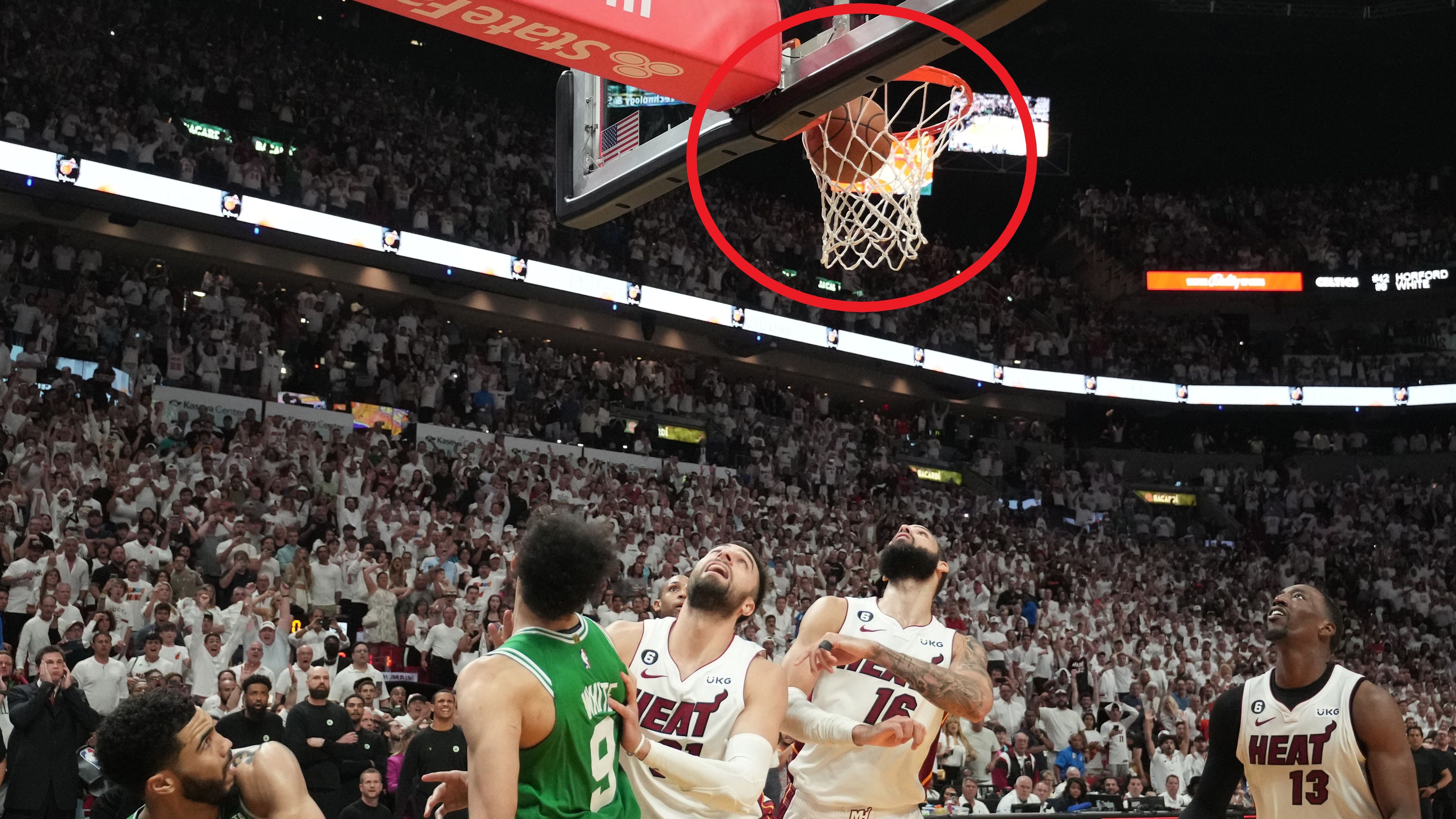 Derrick White of the Boston Celtics shoots the game winner during game six of the Eastern Conference finals against the Miami Heat.