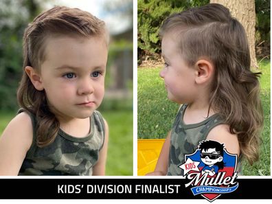 A split image of a child with a mullet, left shows the front side and the right image shows the back of the mullet.