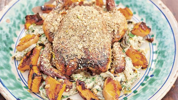 Jamie Oliver's Dukkah roast chicken with warm pomegranate gravy dressing (Supplied/Paul Stuart)