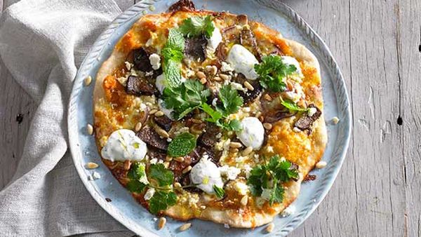 Moroccan lamb crispy crust pizza