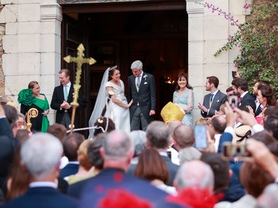 BORMES-LES-MIMOSAS, FRANCE - APRIL 29: Her Royal Highness Alexandra of Luxembourg & Nicolas Bagory leave their religious wedding on April 29, 2023 in Bormes-les-Mimosas, France. (Photo by Arnold Jerocki/Getty Images)