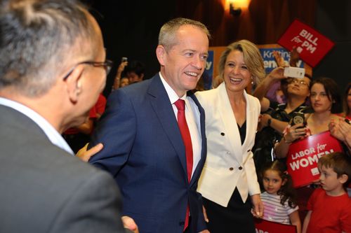 Bill Shorten and Kristina Keneally arrive to the campaign launch for the seat of Bennelong at the Ryde Civic Hall in Sydney today. (AAP)