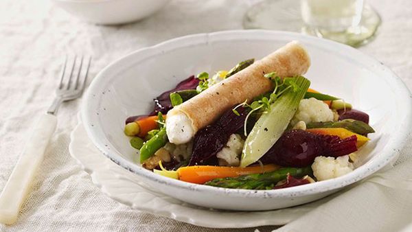 Matt Moran: Baby vegetable salad with goat’s curd cigar