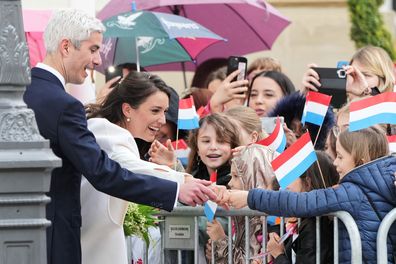 LUXEMBOURG, LUXEMBOURG - APRIL 22: Her Royal Highness Alexandra of Luxembourg & Nicolas Bagory greets the crowd as they leave after their Civil Wedding at Luxembourg City Hall on April 22, 2023 in Luxembourg, Luxembourg. (Photo by Sylvain Lefevre/Getty Images)