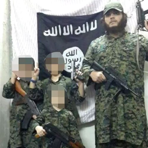 Australian terrorist Khaled Sharrouf, who is likely dead, pictured with his sons in Syria (Supplied).