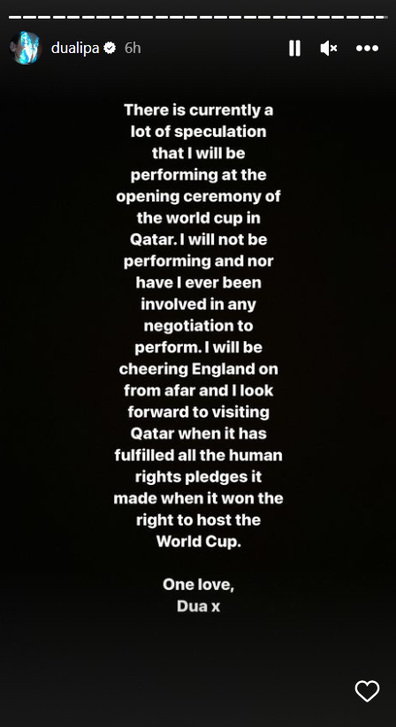 Dua Lipa confirms she will not perform at the Qatar World Cup amid country's human rights violations