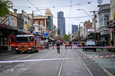 A damaged building on Chapel Street caused by an earthquake this morning. 22 September 2021. The Age News. Photo: Eddie Jim.