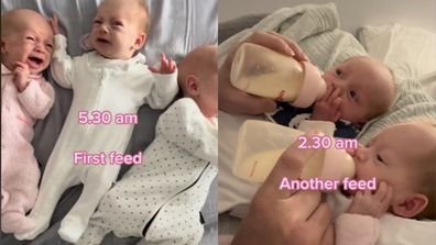 Triplets crying and being fed.